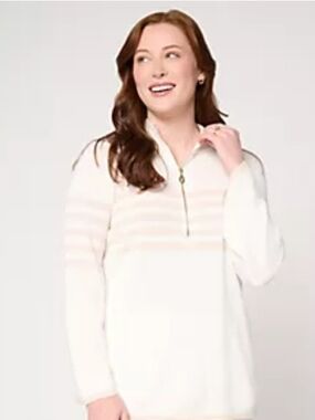 Belle by Kim Gravel Striped Half Zip Sweater in Cream and Beige